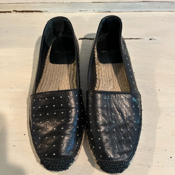St Laurent Espadrille Black Leather Silver Studded Loafers Rope Trim Size 40 - Picture 1 of 13